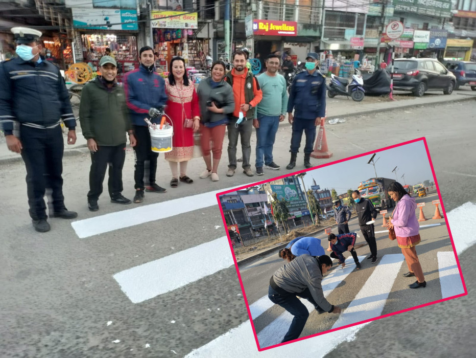 दुर्घटना न्यूनिकरणका लागि जेब्रा क्रस बनाइँदै