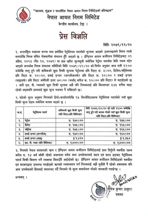 घट्यो पेट्रोलियम पदार्थको मूल्य