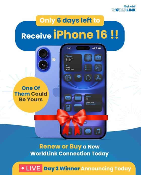 १० भाग्यशाली ग्राहकलाई आइफोन–१६ उपहार दिँदै वर्ल्डलिंक